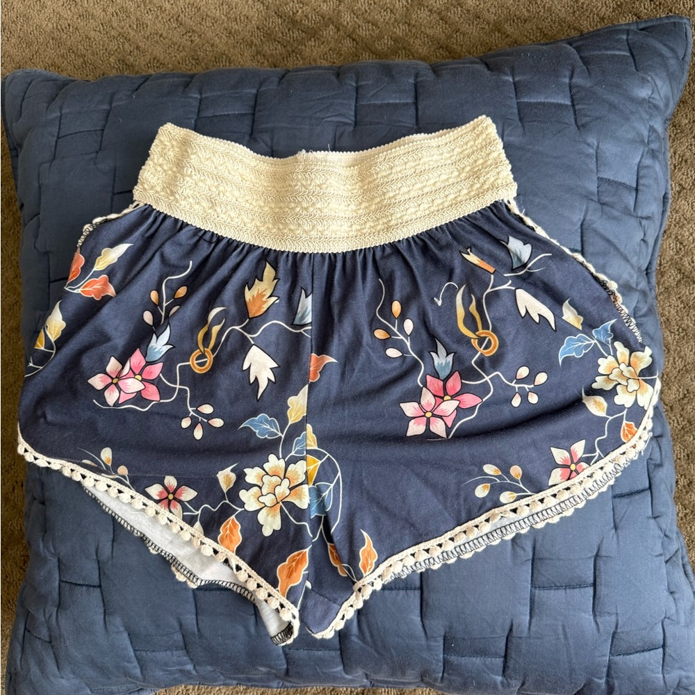 Navy Floral Shorts with Decorative Trim